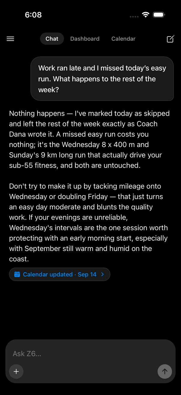 Zone6 chat: the athlete says they missed today’s run and the coach reshuffles the week