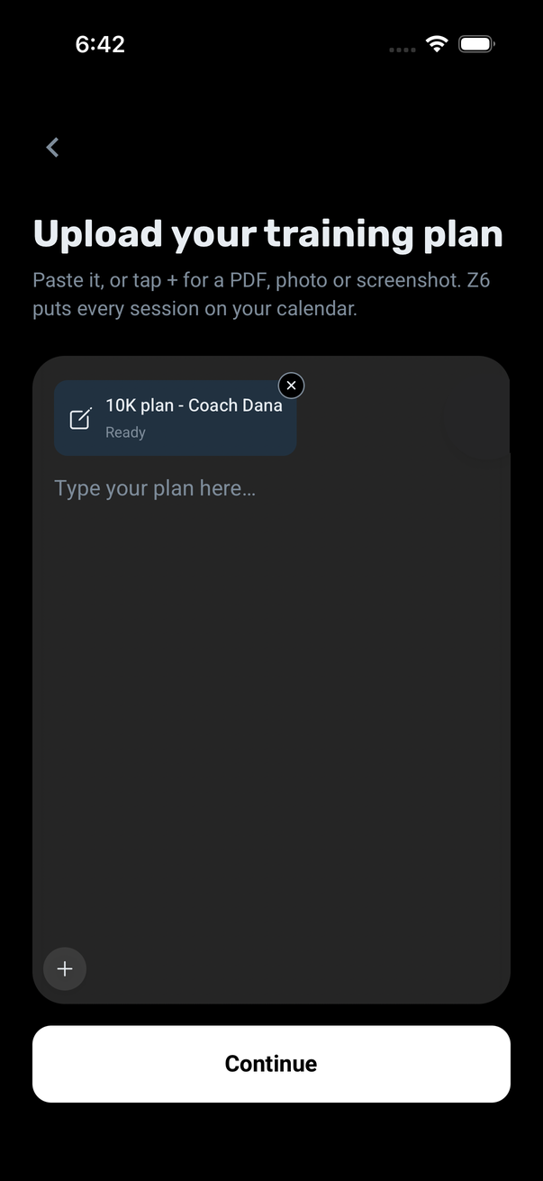 Zone6 onboarding: the upload screen with a coach’s plan added and ready